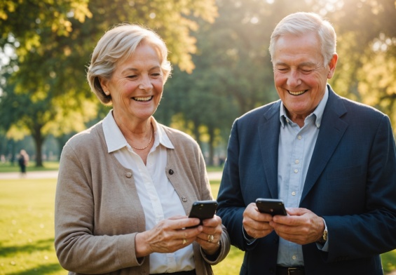 Couple de seniors souriant utilisant un smartphone dans un parc