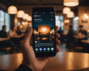 Illustration d'une personne consultant une application de rencontre sur smartphone, ambiance douce et moderne