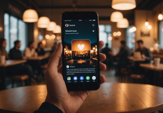 Illustration d'une personne consultant une application de rencontre sur smartphone, ambiance douce et moderne