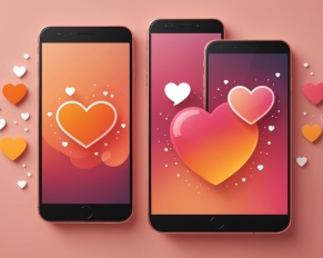Illustration éditoriale représentant deux applications de rencontre sur smartphone, tons roses et orangés