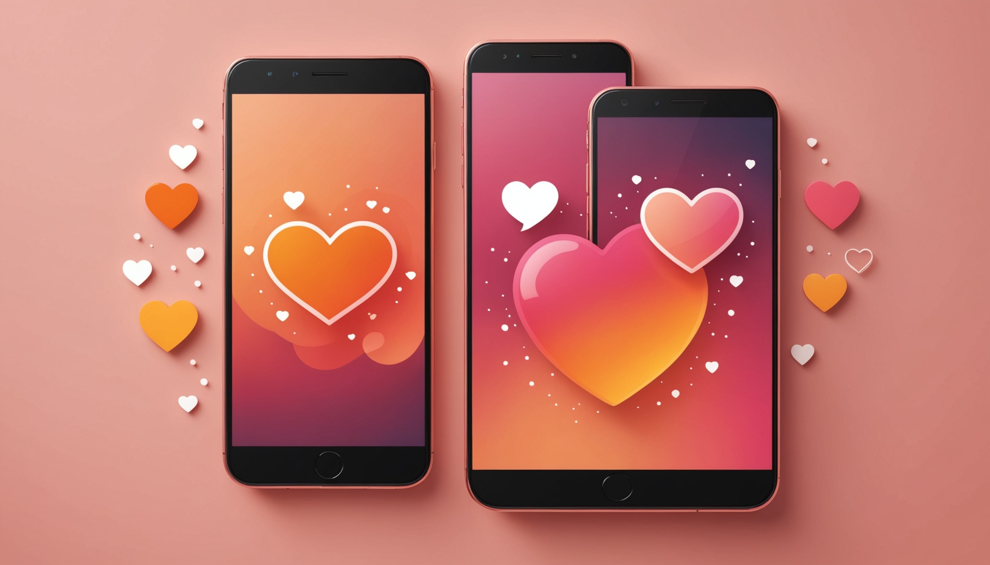 Illustration éditoriale représentant deux applications de rencontre sur smartphone, tons roses et orangés