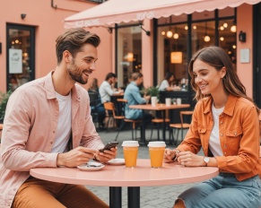 Illustration d'un couple se rencontrant en personne autour d'un café après un match sur une application de rencontre