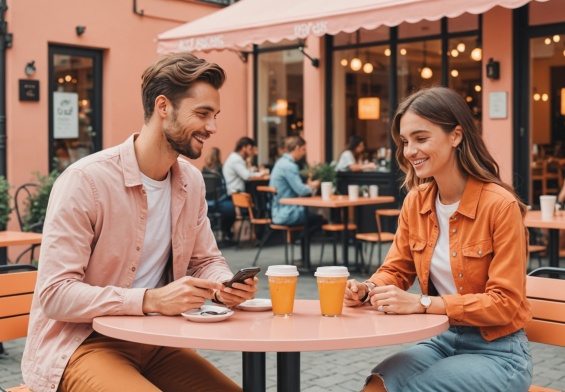 Illustration d'un couple se rencontrant en personne autour d'un café après un match sur une application de rencontre