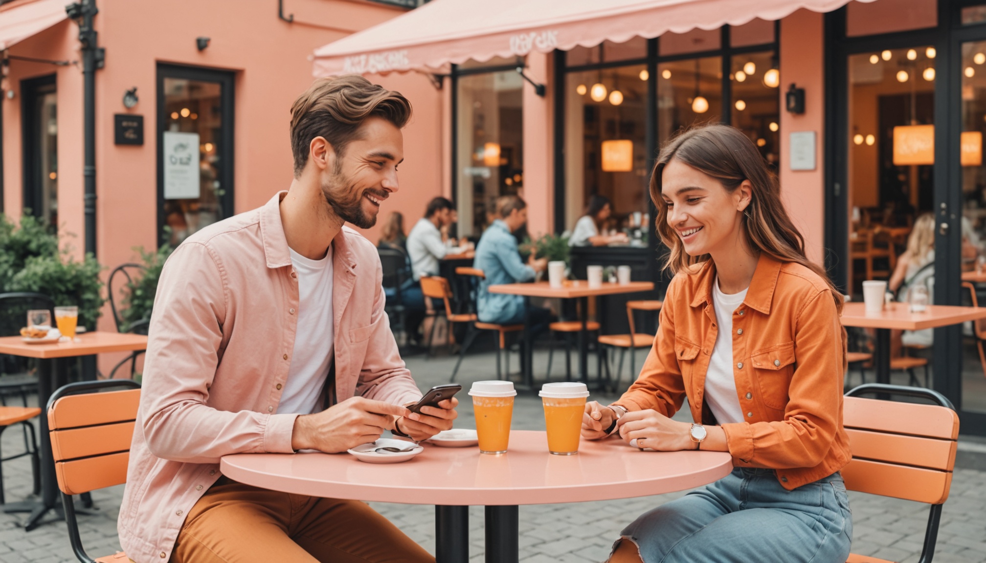 Illustration d'un couple se rencontrant en personne autour d'un café après un match sur une application de rencontre