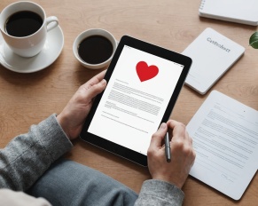 Signature d'un contrat numérique sur tablette à côté d'un smartphone affichant une icône coeur
