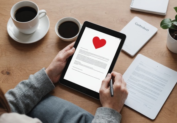 Signature d'un contrat numérique sur tablette à côté d'un smartphone affichant une icône coeur