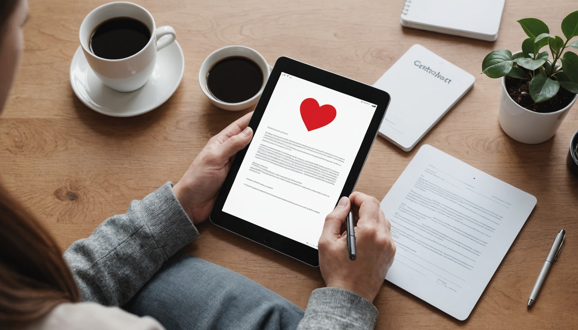 Signature d'un contrat numérique sur tablette à côté d'un smartphone affichant une icône coeur