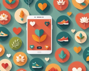 Icônes de centres d'intérêt (sport, vegan, spiritualité) reliées par une application de rencontre