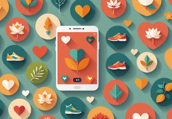 Icônes de centres d'intérêt (sport, vegan, spiritualité) reliées par une application de rencontre
