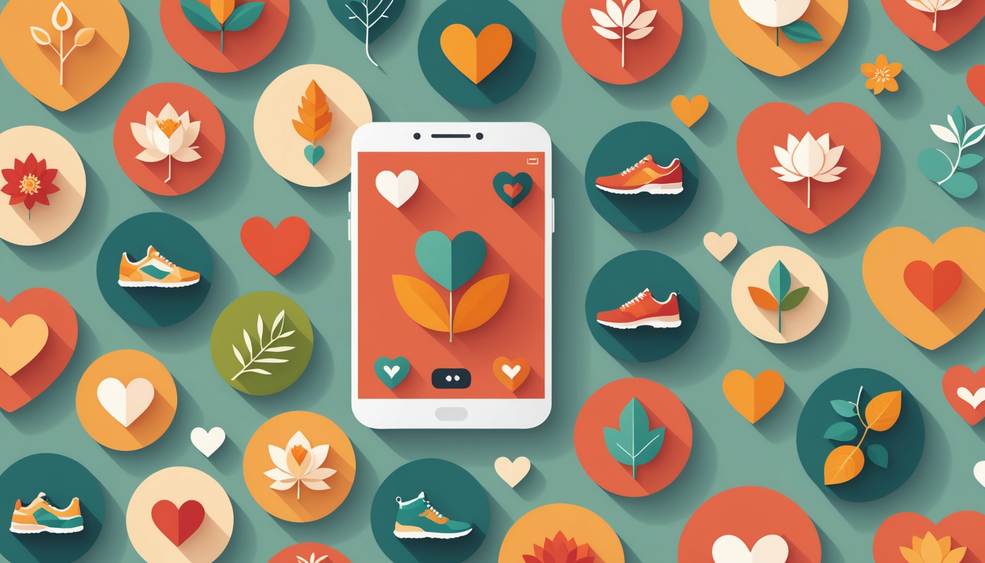 Icônes de centres d'intérêt (sport, vegan, spiritualité) reliées par une application de rencontre