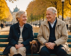 Couple de seniors souriant sur un banc dans un parc parisien, illustration rencontre senior paris