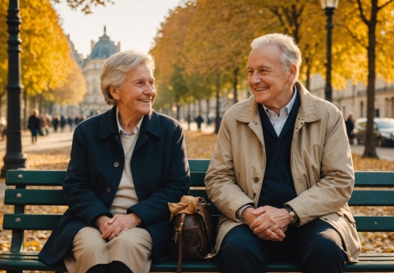 Couple de seniors souriant sur un banc dans un parc parisien, illustration rencontre senior paris