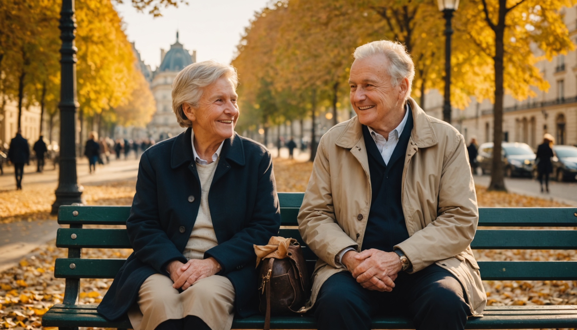 Couple de seniors souriant sur un banc dans un parc parisien, illustration rencontre senior paris