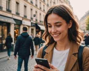 Jeune femme souriante consultant une application de rencontre sur smartphone dans une rue de ville
