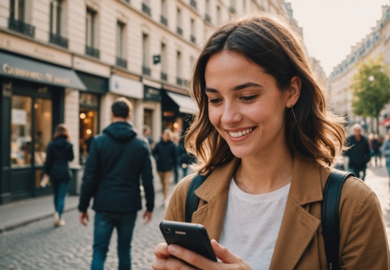 Jeune femme souriante consultant une application de rencontre sur smartphone dans une rue de ville