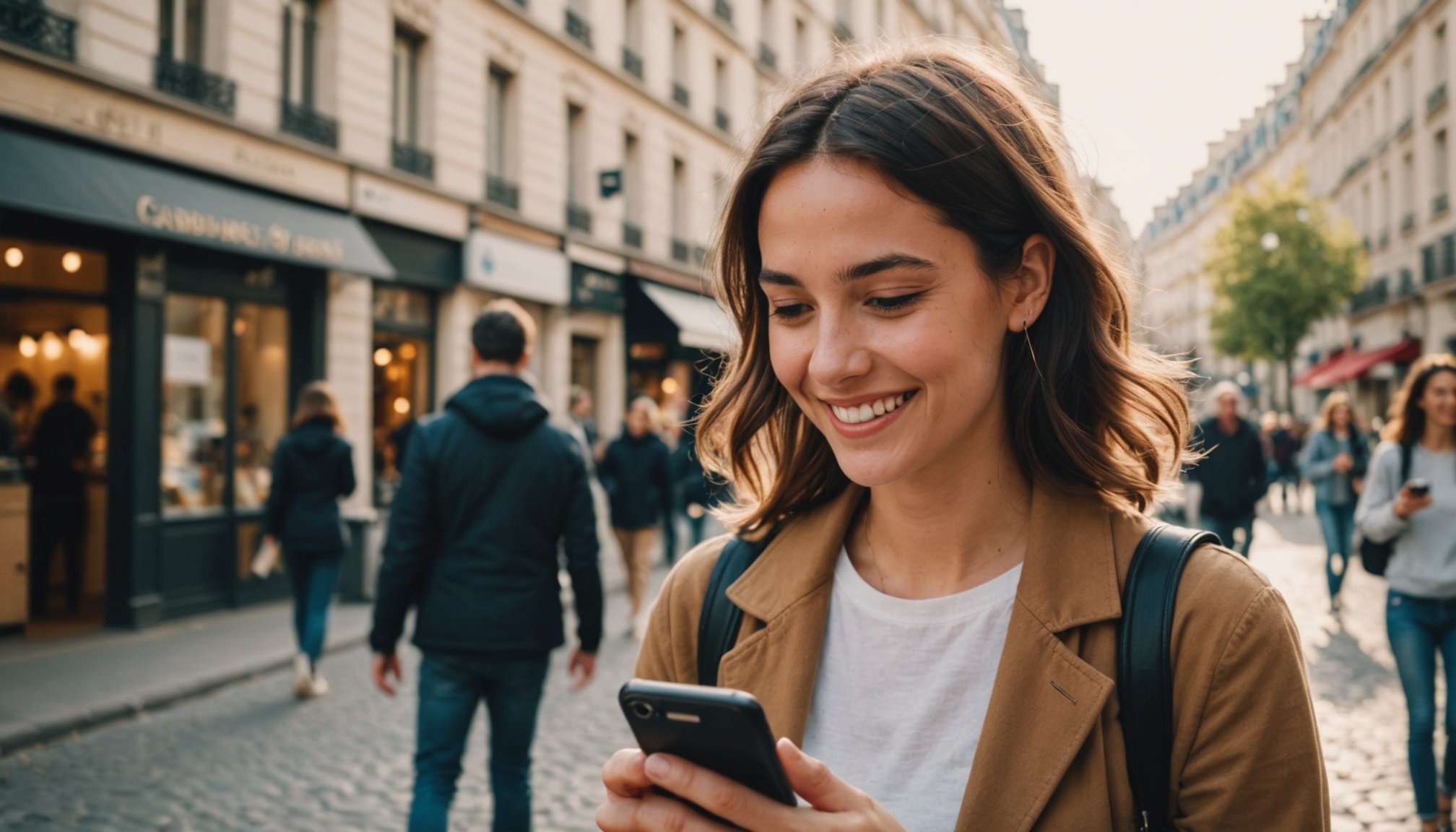 Jeune femme souriante consultant une application de rencontre sur smartphone dans une rue de ville