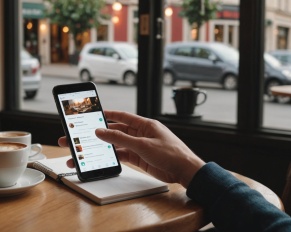 Personne comparant des sites de rencontre sur son smartphone dans un cadre chaleureux