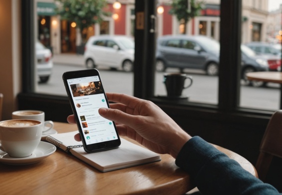 Personne comparant des sites de rencontre sur son smartphone dans un cadre chaleureux