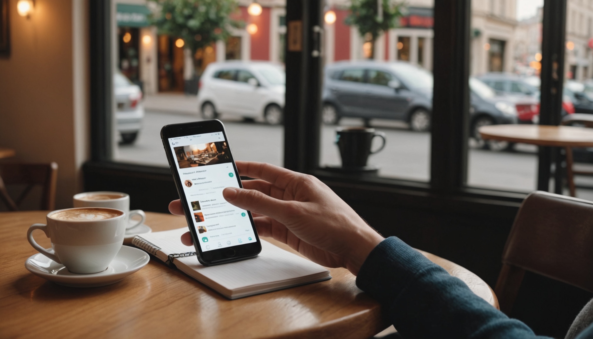 Personne comparant des sites de rencontre sur son smartphone dans un cadre chaleureux
