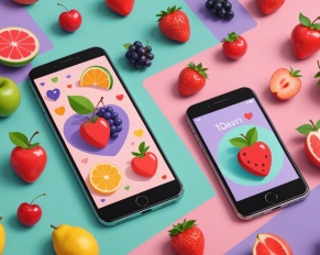Illustration d'une application de rencontre mobile avec des icônes de fruits