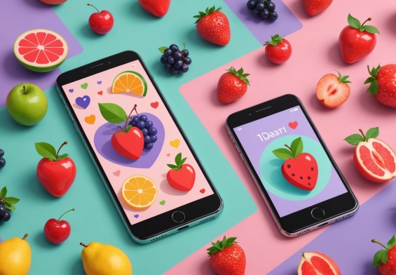 Illustration d'une application de rencontre mobile avec des icônes de fruits