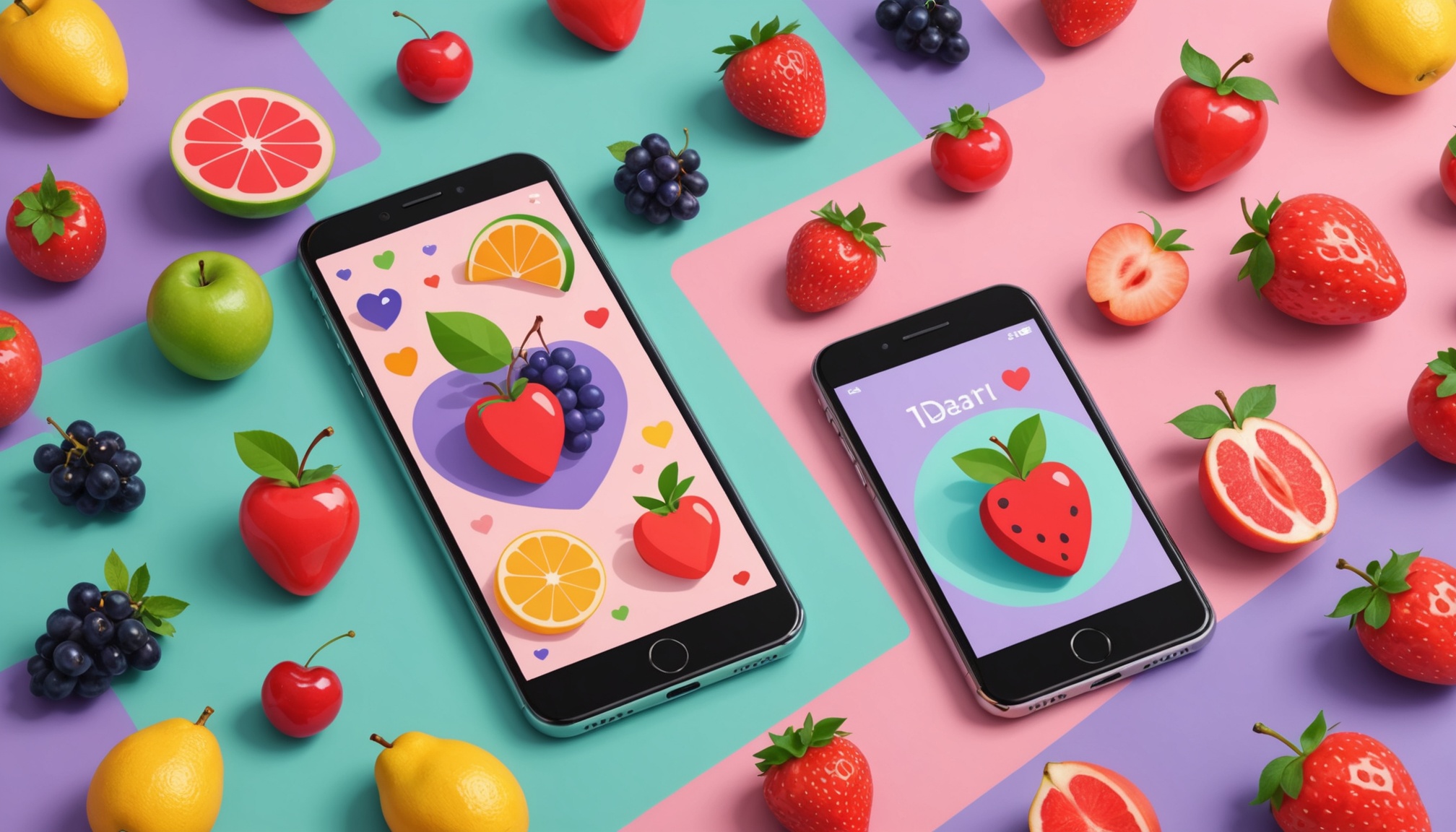 Illustration d'une application de rencontre mobile avec des icônes de fruits