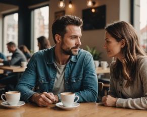 Couple discutant calmement autour d'un café en journée