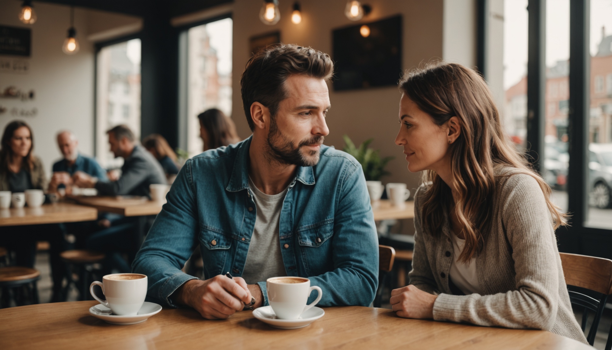 Couple discutant calmement autour d'un café en journée