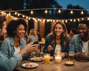 Groupe d'amis souriants lors d'une sortie conviviale en soirée