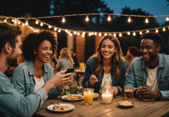 Groupe d'amis souriants lors d'une sortie conviviale en soirée