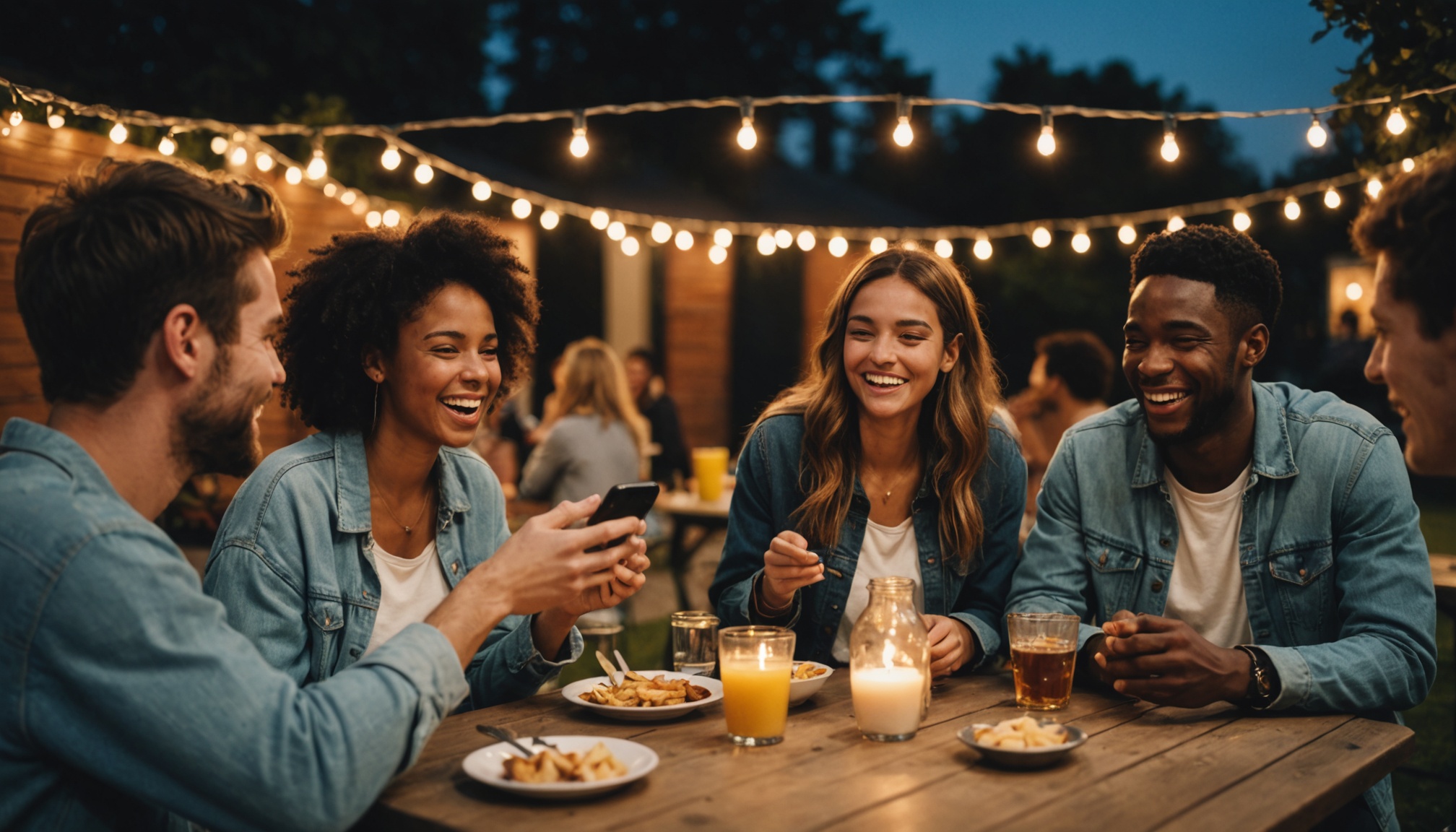Groupe d'amis souriants lors d'une sortie conviviale en soirée