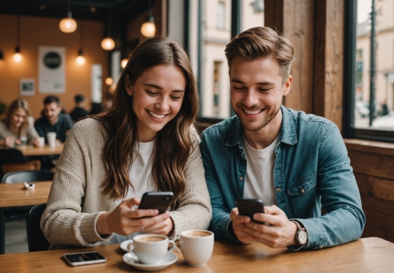 Couple souriant consultant une application de rencontre sur smartphone