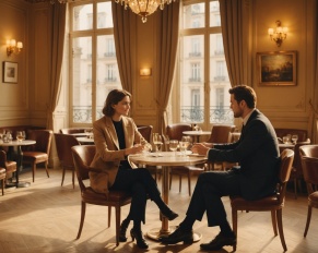 Deux personnes discutant lors d'un rendez-vous de conseil pour une agence matrimoniale à Paris