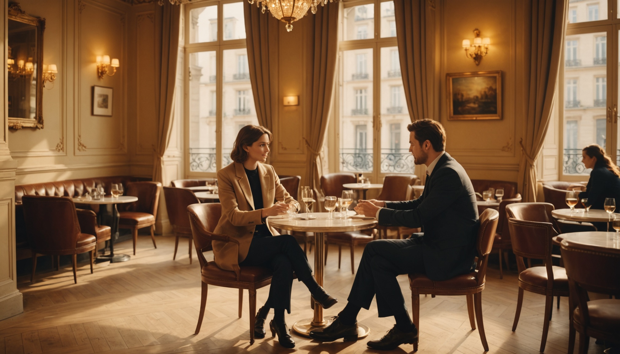 Deux personnes discutant lors d'un rendez-vous de conseil pour une agence matrimoniale à Paris