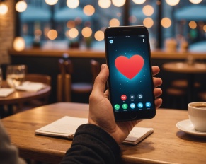 Illustration d'une application de rencontre sur smartphone, ambiance chaleureuse
