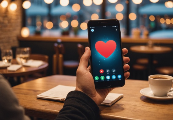 Illustration d'une application de rencontre sur smartphone, ambiance chaleureuse