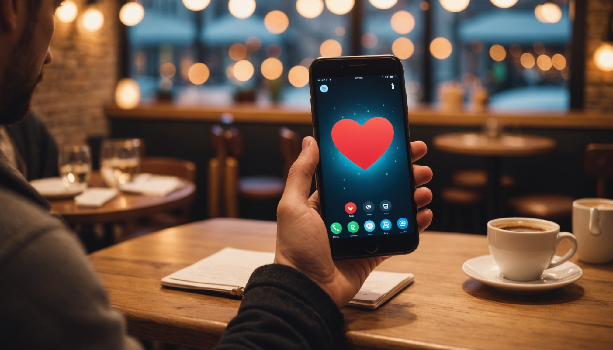 Illustration d'une application de rencontre sur smartphone, ambiance chaleureuse