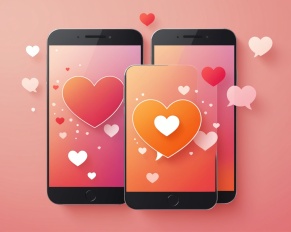 Illustration générée par IA, deux smartphones affichant une interface d'application de rencontre, style romantique minimaliste