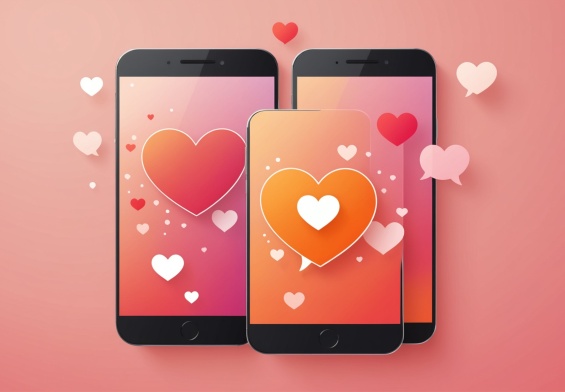 Illustration générée par IA, deux smartphones affichant une interface d'application de rencontre, style romantique minimaliste