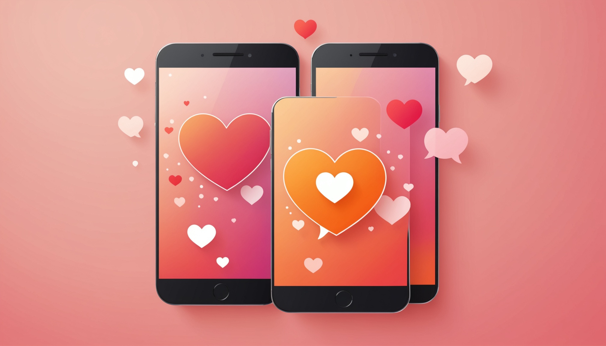 Illustration générée par IA, deux smartphones affichant une interface d'application de rencontre, style romantique minimaliste