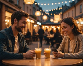 Illustration générée par IA d'un couple lors d'un rendez-vous autour d'un café, ne représente pas des personnes réelles