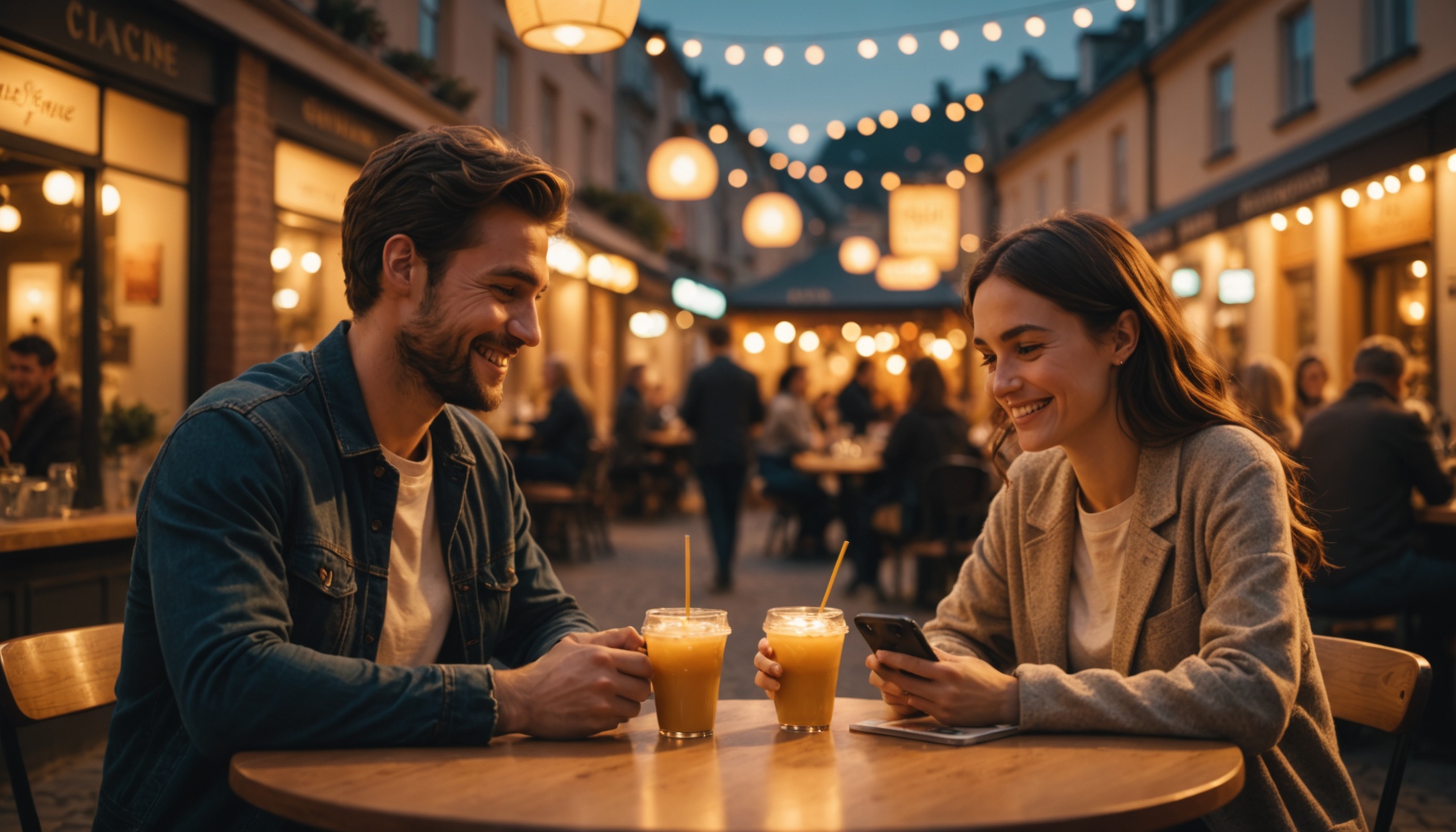 Illustration générée par IA d'un couple lors d'un rendez-vous autour d'un café, ne représente pas des personnes réelles