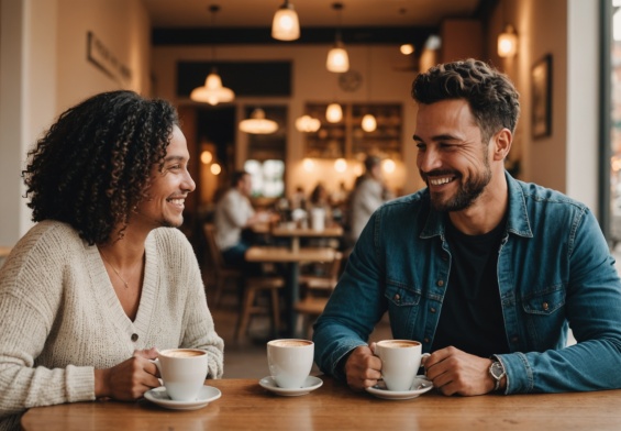 Deux personnes ayant une conversation chaleureuse et authentique autour d'un café, ambiance rencontre sérieuse