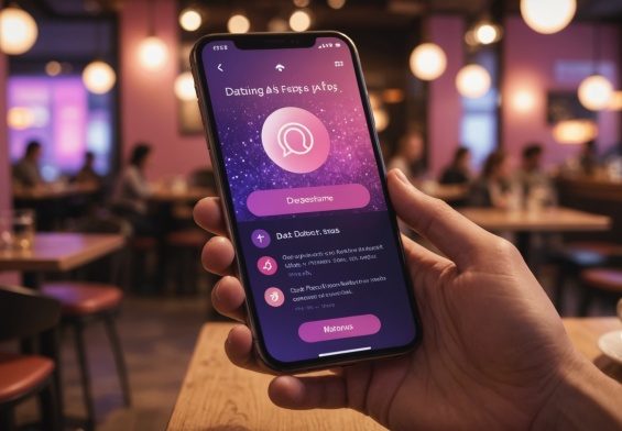 Écran de smartphone stylisé montrant une interface d'application de rencontre avec un effet lumineux évoquant l'intelligence artificielle