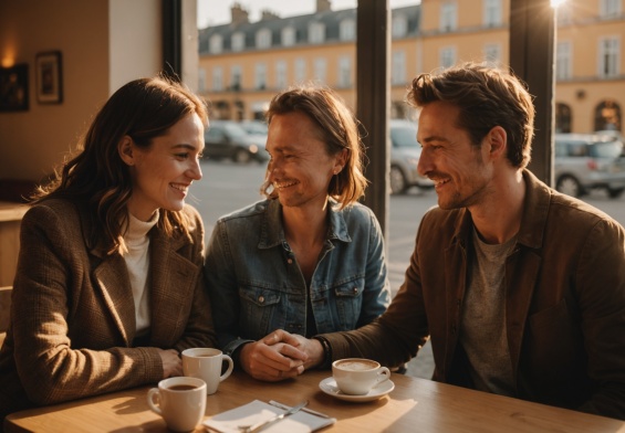 Couple souriant lors d'un premier rendez-vous en terrasse, alternative aux applications de rencontre en 2026