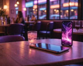 Smartphone affichant une application de rencontre avec une ambiance lumineuse et chaleureuse