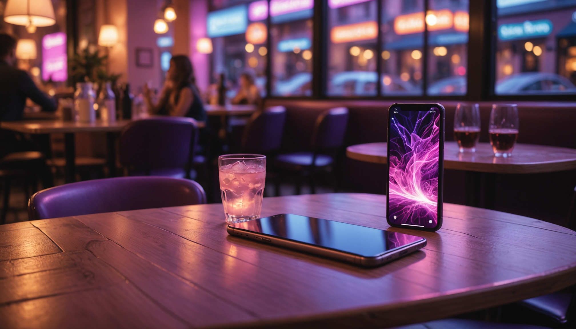 Smartphone affichant une application de rencontre avec une ambiance lumineuse et chaleureuse